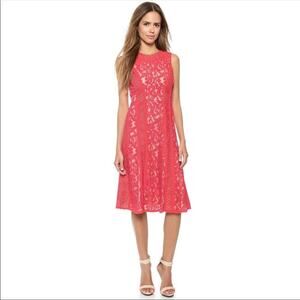 BCBGMAXAZRIA Avril frayed ribbons and mixed lace panels Red Midi Dress 6 Holiday
